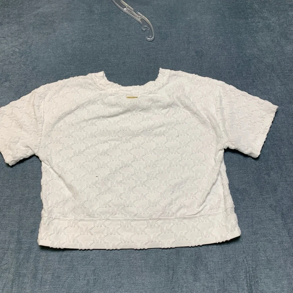 Michael Kors Cropped Top Womens XS White All Over Textured MK Logo Everyday Wear